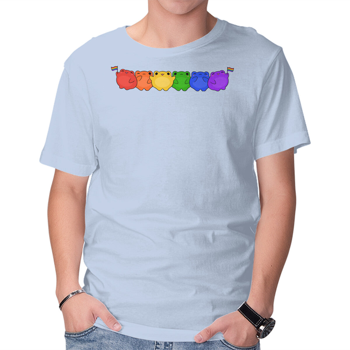 Unisex Crew Neck T-Shirt Rainbow Frogs Graphic Short Sleeve Casual Tee L