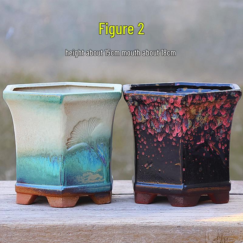 Creative Handmade Coarse Pottery Terracotta Pot - Large Square Glossy Glazed Planter with Low Breathable Rim for Succulents and Pothos