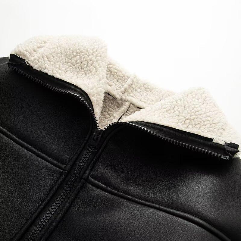 Jachetă de Cașmir și Piele pentru Femei în Stil European și American cu Guler de Blană