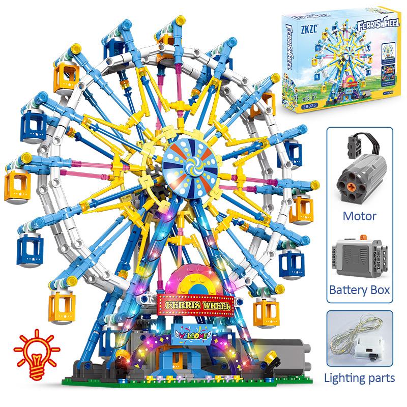 Non-Toxic City Friends Rotating Ferris Wheel Building Blocks Moc Pink Blue Electric Bricks With Light Toys For Children Christmas Diy Gift