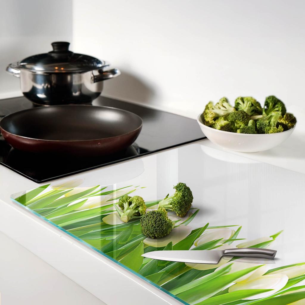 Tempered Glass Kitchen Splashback With Decorative Graphic White Tulips 80X52 Cm