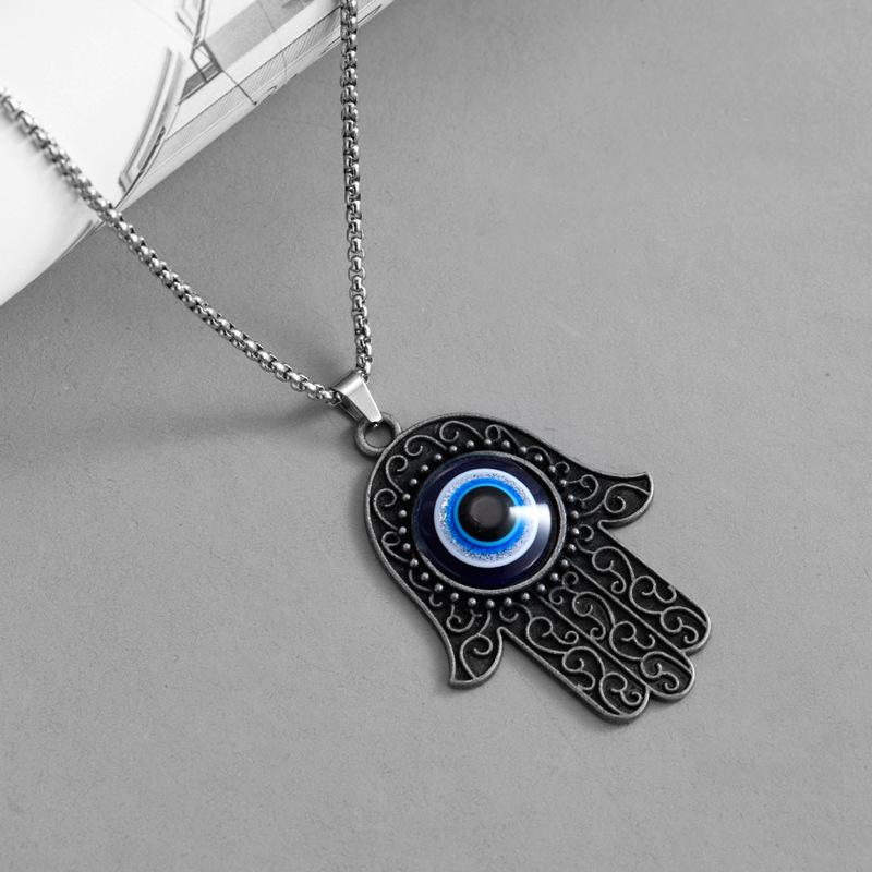 Pendant Devil's Eye Vintage Silver Hand of Fatima Fashion Retro Chain Necklace