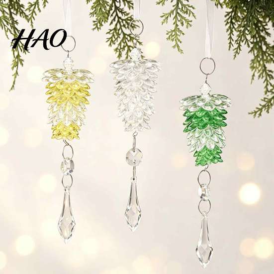 Christmas Garland Decor Acrylic Pine Cone Pendant with Faux Crystal Drop, Tree Elegant Hanging Xmas Baubles Ornaments, Transparent Gradient