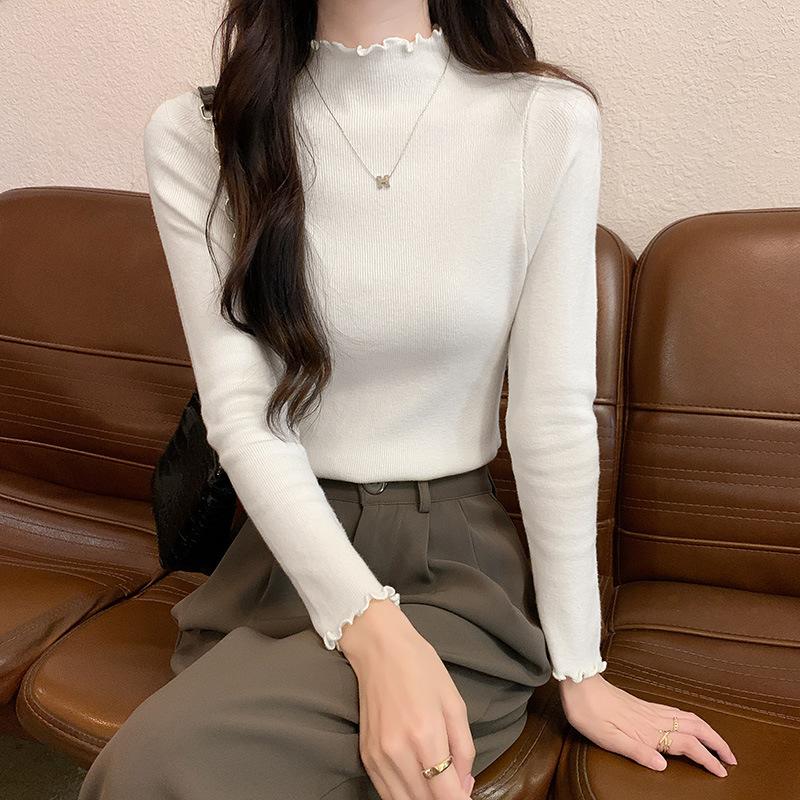 

Bottom shirt women s clothing with solid color inside, autumn new fungus edge semi-turtleneck sweater, knitted top One Size белый