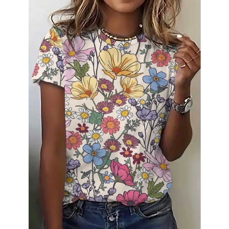 3D Flower Color Printed Crew Neck T-Shirt Flower Short Sleeve Fashion Women's Crew Neck Short Sleeve Tops Daily Wear