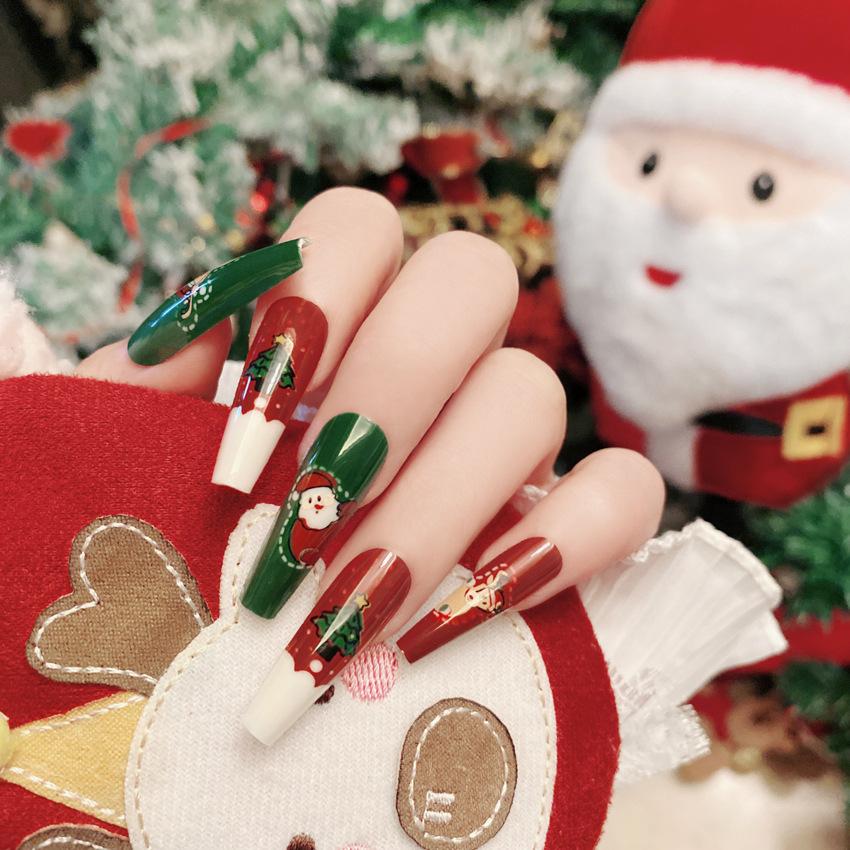 Girls 24pcs Christmas Wearable Press On Nail Patch Santa Claus Elk Snowman Cartoon Print Fake Nails Women Artificial Wear Nails