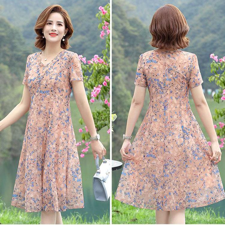 Large Size Dress Women Short Sleeved Loose Floral Dress Summer Mesh Breathable Dress A-line Print Mid Length Dress