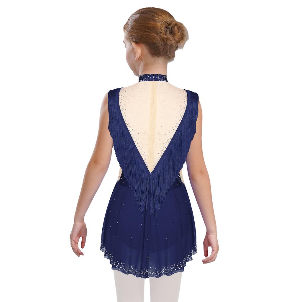 Girls Dance Costume - Shiny Rhinestone Leotard with Sheer Mesh, Invisible Back Zipper & Attached Tassel Skirt