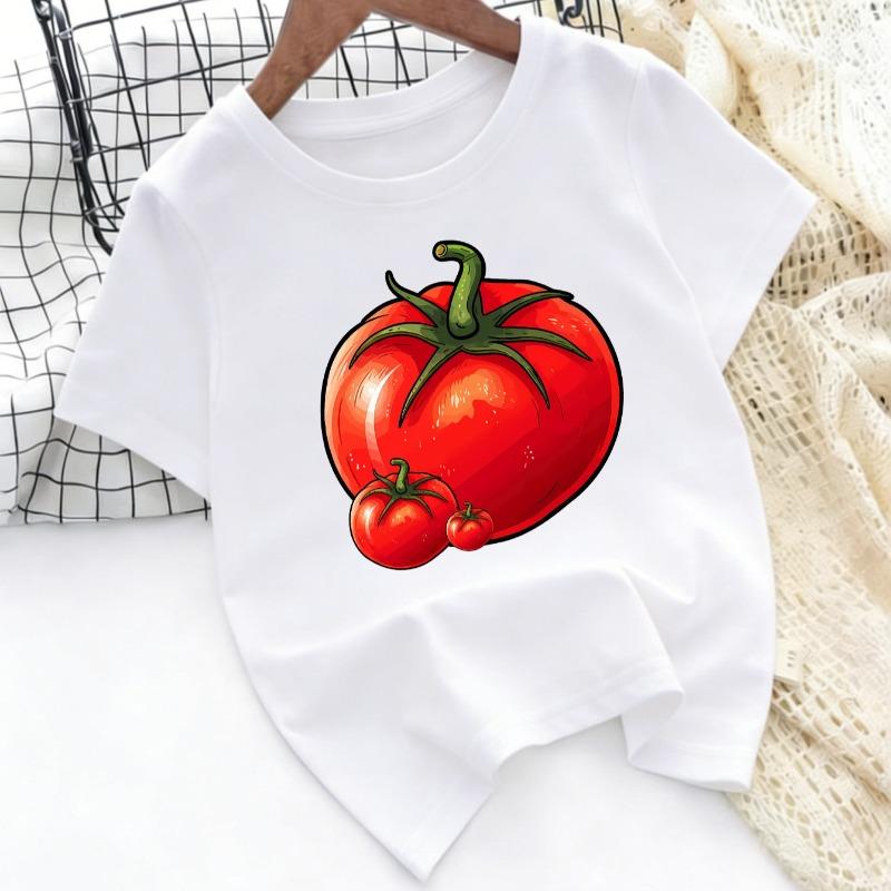 Cartoon Tomato Print T-Shirt, Unisex Short Sleeve Summer Cute Vegetable Fruit Pattern Round Neck Top