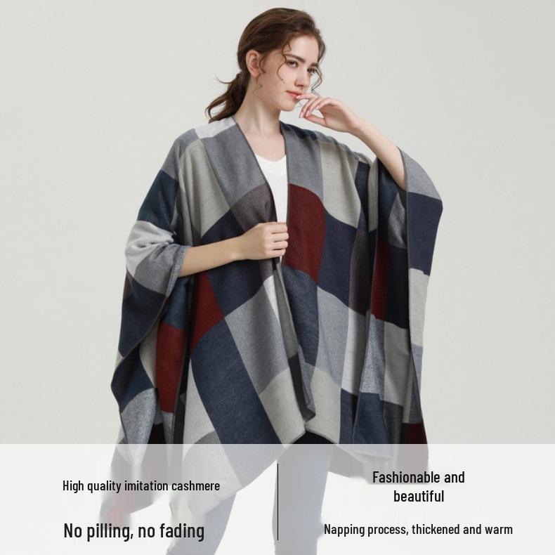 Autumn & Winter Women's Double-Sided Plaid Shawl Scarf - Imitation Cashmere, Multifunctional with Slit Design.