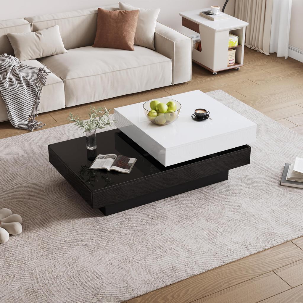 Coffee Table Rotatable, High-Gloss Sofa Table Upper Tabletop Freely Rotatable, Modern Tea Table, Rectangular Center Table Home Office, White & Black