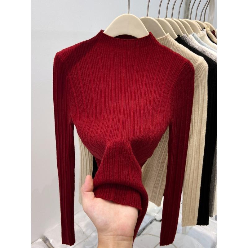 Angola Red Knitted Top Women's Spring Semi-turtleneck Texture Bottoming Shirt Slim-fitting Versatile Sweater