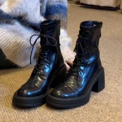 Fashion Women Thick Heel Ankle Boots 2026 Autumn Winter Elegant Back Zippers Lace Up Shoes Modern Leather Short Botas Para Mujer