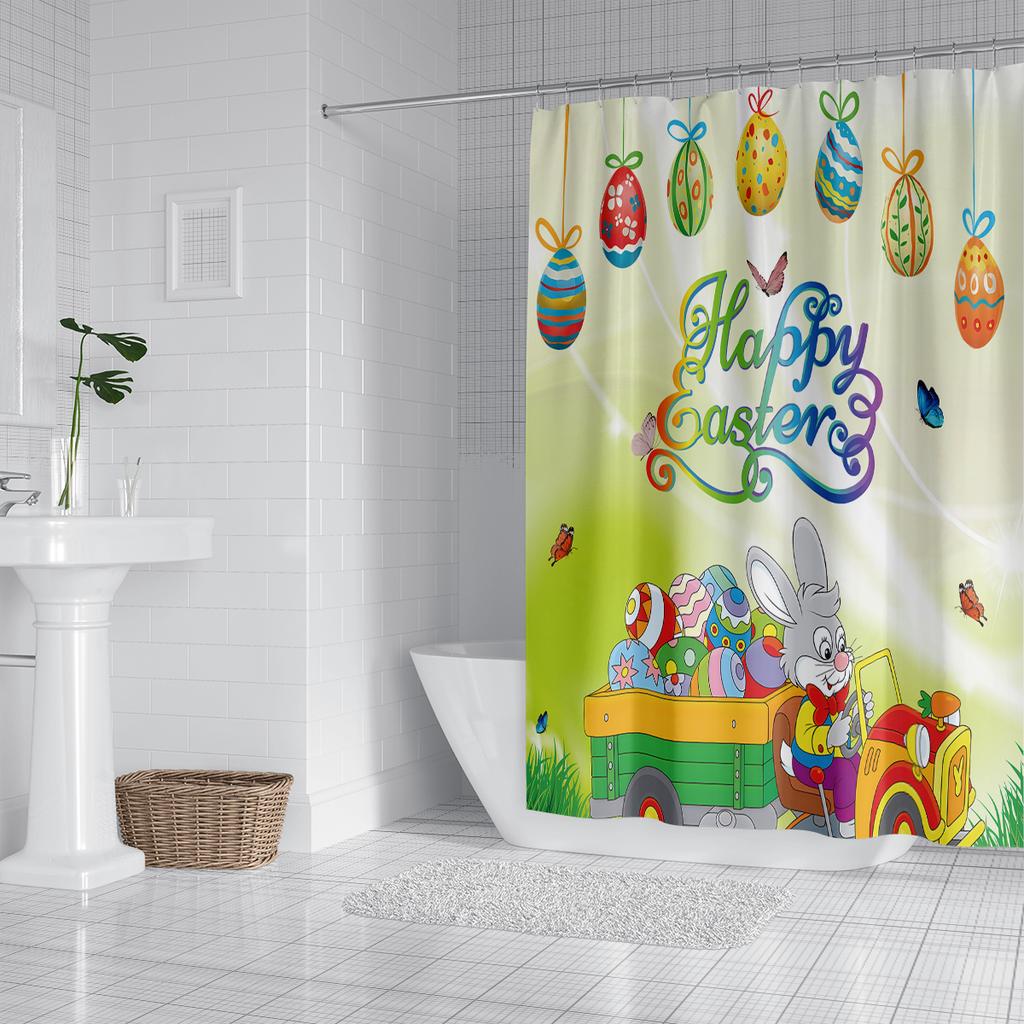 1PC Easter Bunny Easter Egg Decoration Shower Curtain, Playful rabbit theme With 12 hooks,Spring Holiday Bathroom Decoration