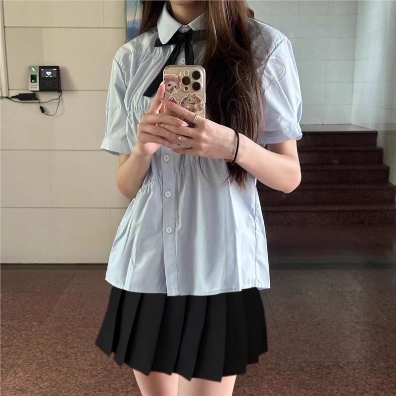 Női Nyári Kék Rövid Ujjú fodros Babydoll Póló - Koreai Főiskolai Stílusú JK Egyenruha