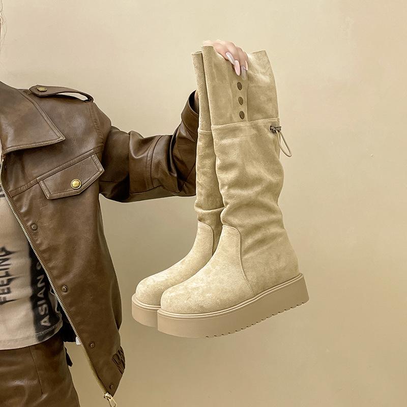 

Модные ретро-стильные толстоподошвенные ботфорты на платформе для женщин, новинка осени и зимы 2025 года, универсальные повседневные регулируемые модные ботинки 40 бежевый