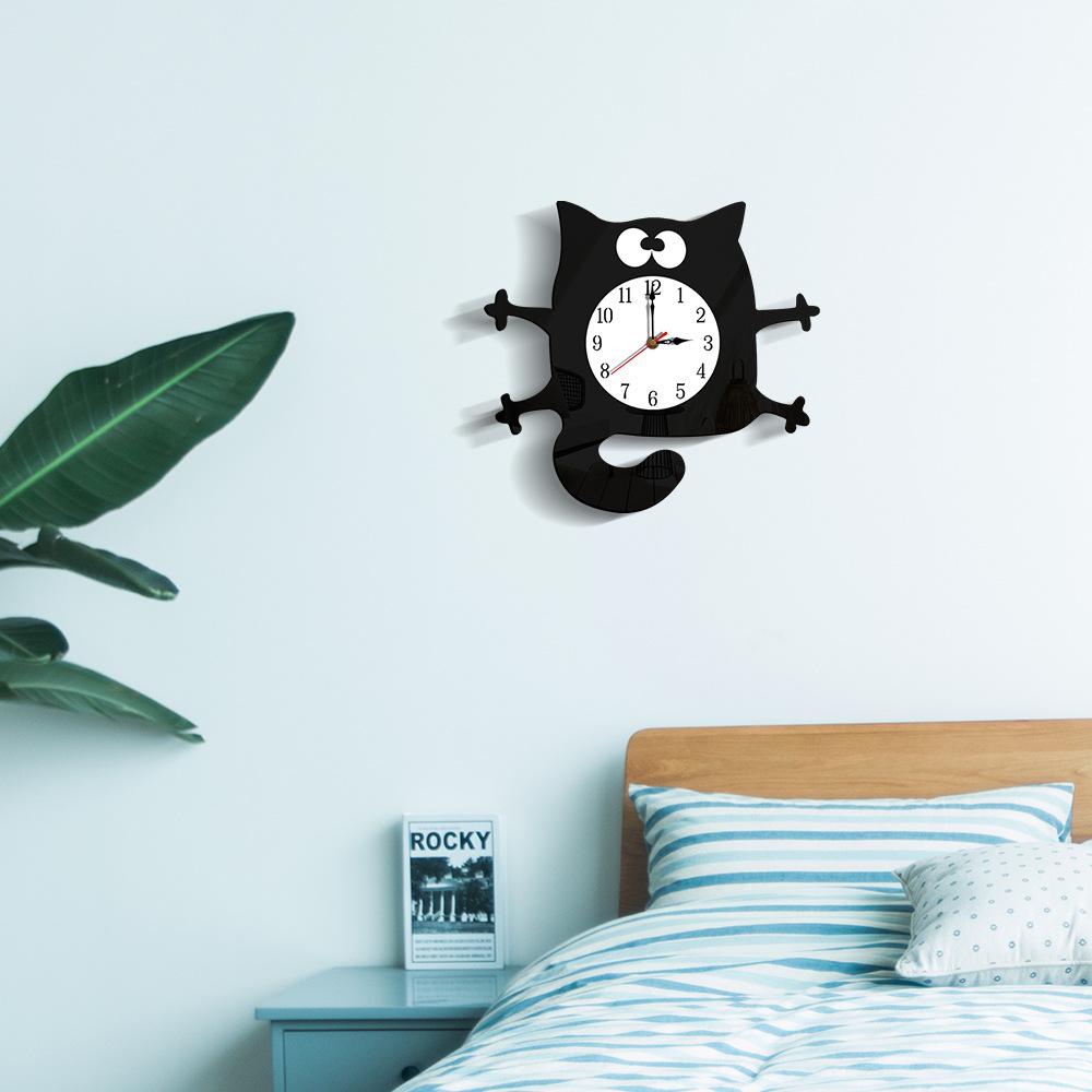 Rocking Tail Cat Hanging Clock Modern Children's Room Moving Tail Cat Clock Acrylic Mute Quartz Clock Acrylic Mirror Stickers