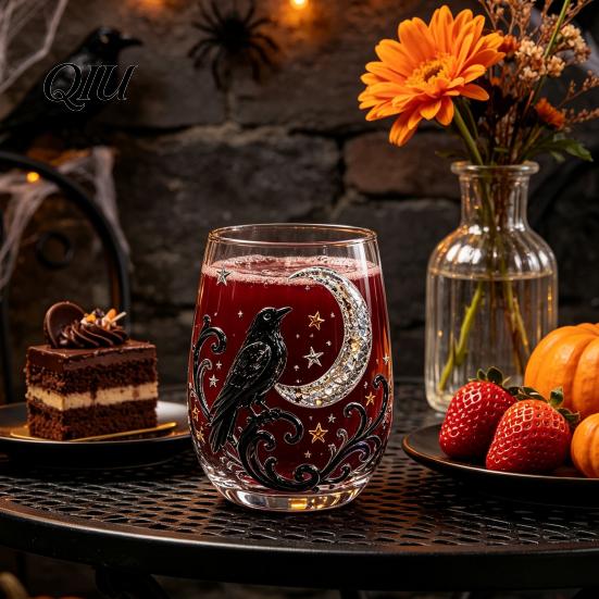 Totenkopf Design Dekorative Tasse Halloween Handwerkskunst Glaswaren, Fledermaus/Zaubererhut/Vogelscheuche/Krähe Handbemalter Kelch, 420ml Bleifreies Transparentes Glas