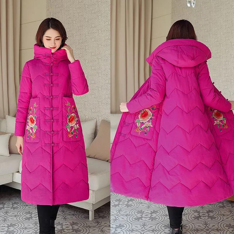 Ethnic Style Down Padded Jacket Women's Mid-length Embroidered Over-the-knee Padded Jacket Chinese Style Padded Jacket Thickened Winter Clothes