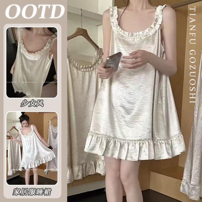 

[Ice silk fabric] nightgown suspender pajamas women s new spring and autumn skirt satin sweet princess style M