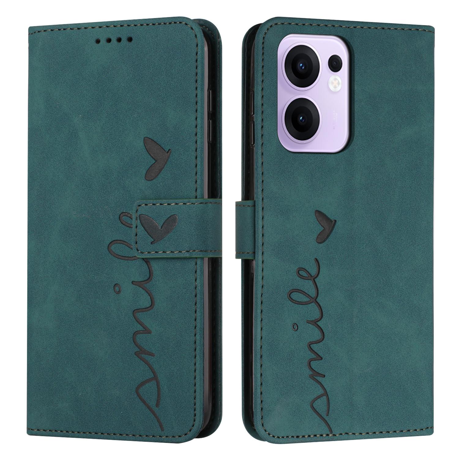 

For Oppo Reno13 F 5G Case Viewing Stand PU Leather Phone Cover Imprinted Heart Pattern Green