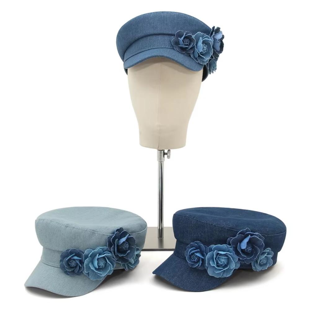 Korean Style Denim Camellia Beret Hat Artistic Painter Caps Casual Flower Flat Top Hat  Girl