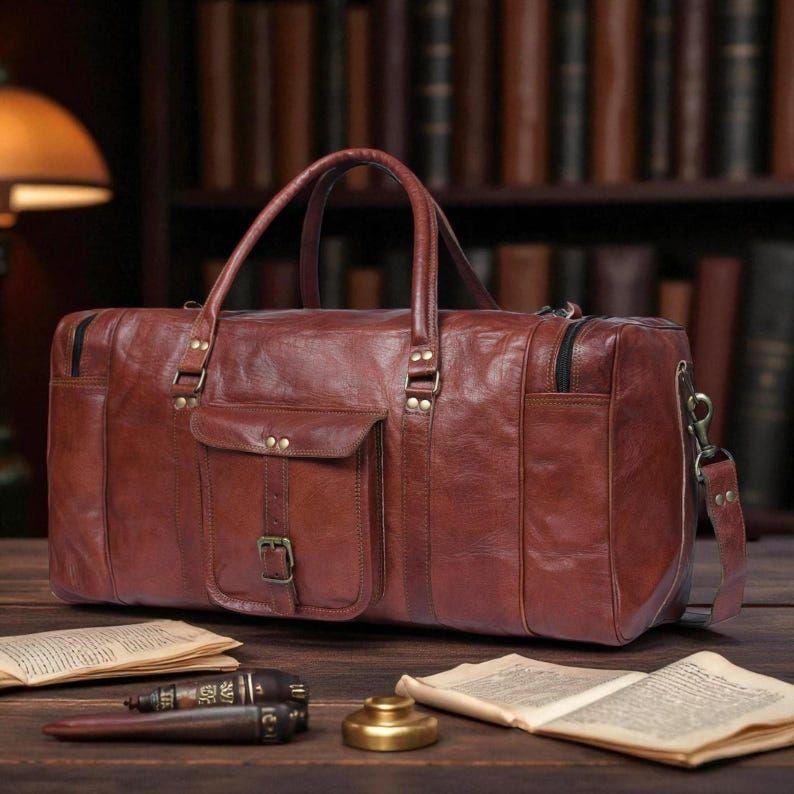 

Personalized Leather Duffle Bag – Handmade Travel Weekender, Genuine Goat Leather Gym Bag for Unisex 24 x 11 x 11 in
