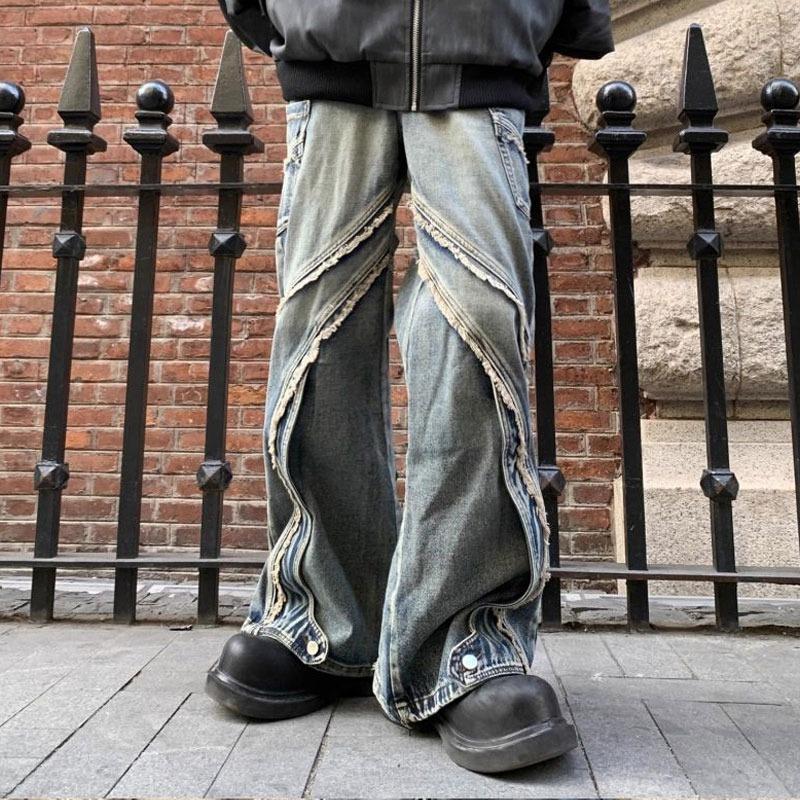 Vintage Wash Patchwork Raw Edge Wide Leg Jeans Men Women Streetwear Denim Pants S синий