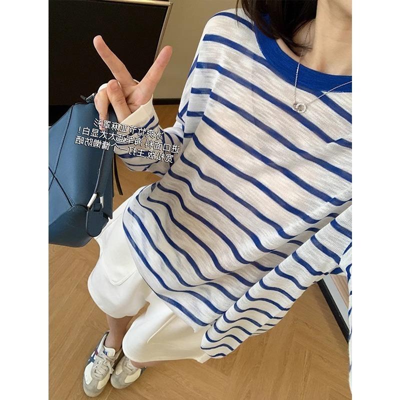 

Simple lazy style striped long-sleeved T-shirt women s summer loose ice silk breathable thin outer blouse top L синий