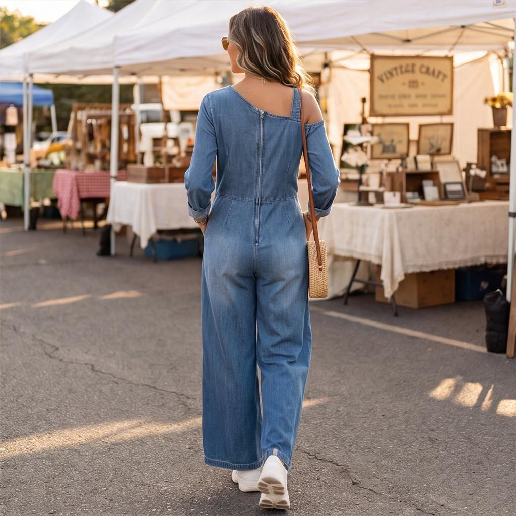 Denim Jumpsuit für Damen Schulterfrei mit Taschen, Bequeme Lässige Lange Hose, Trendiges Mode Sommer Outfit