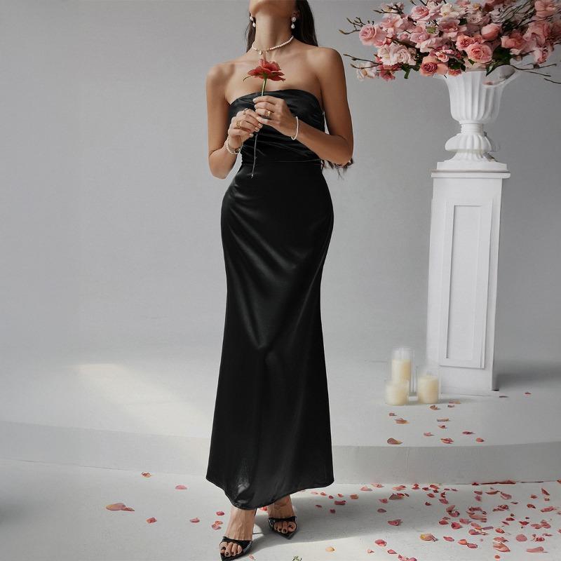 Female Slim Solid Color Strap Breast Evening Dress Long Skirt Women's Clothing