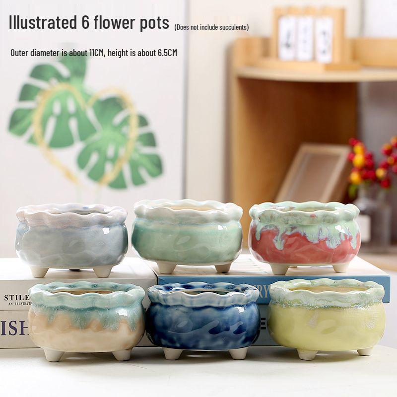 Ceramic Succulent Flower Pot with Ice Crack Glaze, Creative Design, Breathable with Drainage Holes.