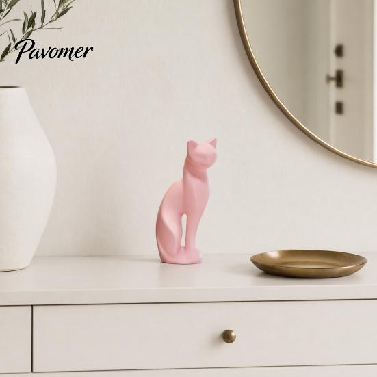 Kätzchen Figur Dekoration 3D Gedruckte Skulptur, Minimalistisches Katzen Ornament Matt Geometrisches Design, Modernes Zuhause in Schwarz Rosa Weiß, für Nordischen Stil