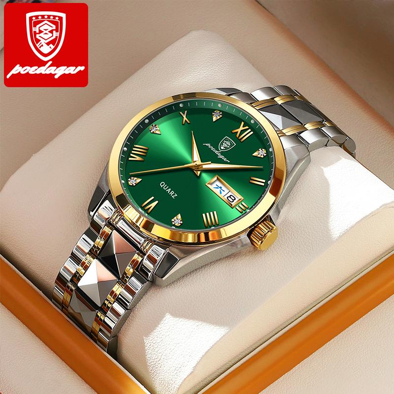 Top Brand Luxury Fashion Stainless Steel Green Dial Watch Men Waterproof Luminous Week Date Sport Men Quartz Wristwatch