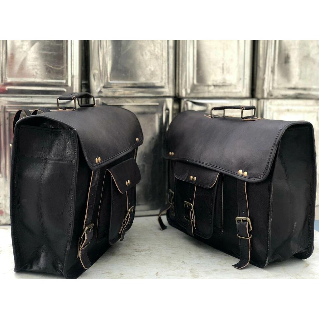 Motorcycle Saddlebags Side 2 Pouch Leather Panniers Saddle (15 Inch Black Bags)