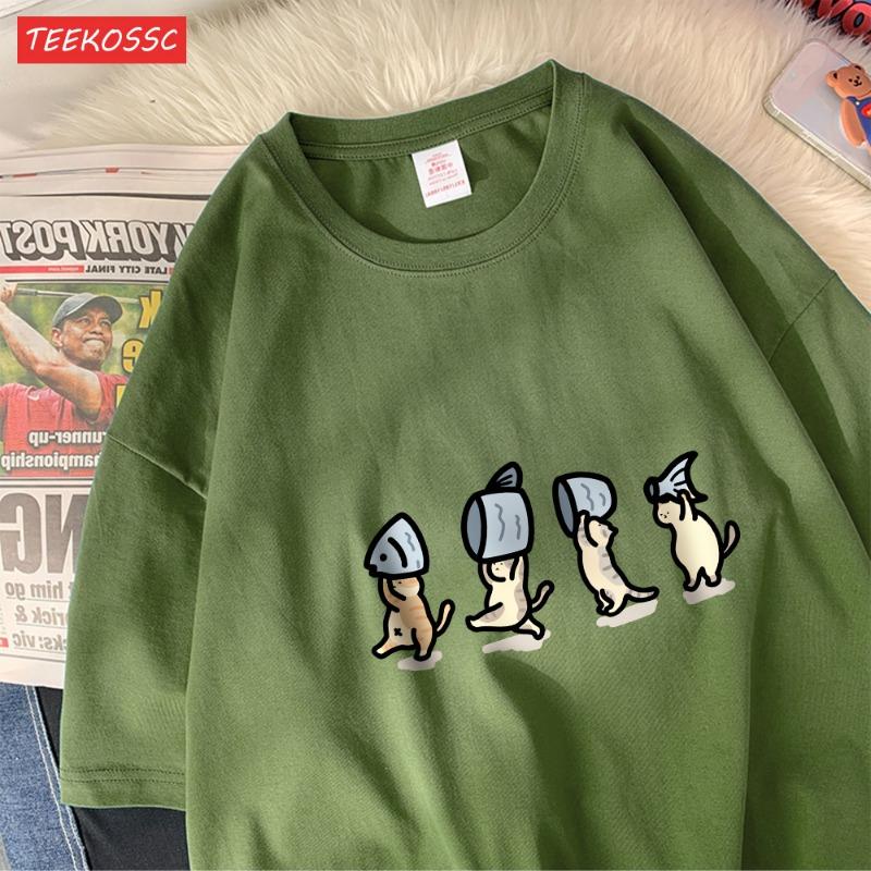 

Four Little Cats Holding Fishcotton Women T-Shirts Cartoons Prints T Shirts Soft O-Neck Loose Short Sleeve Tops Summer Clothes S