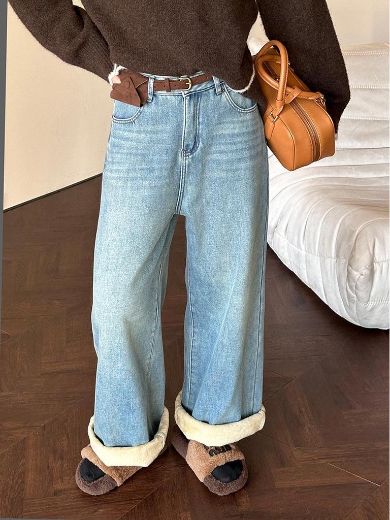 Juzhi 2024 Autumn/Winter Retro Wide-Leg Velvet Jeans