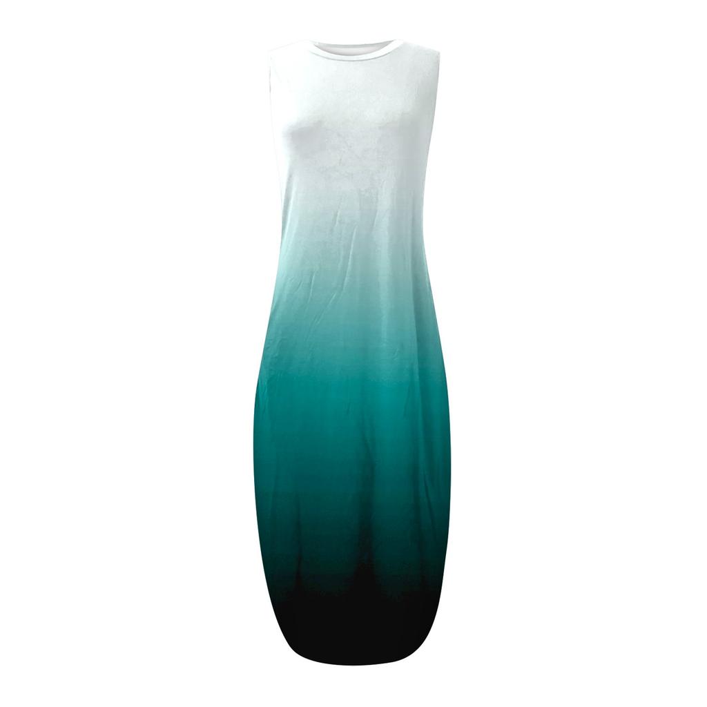 Women Sleeveless Casual Maxi Dress Round Neck Printed Beachwear Summer Long Dress with Side Pockets Lightweight Loose Fit