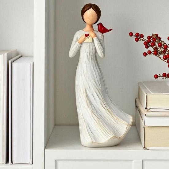 Hand Painted Girl Bird Figurine Resin Red Bird Standing on Girl's Shoulder Statue Sympathy Gifts for Loss of Loved One