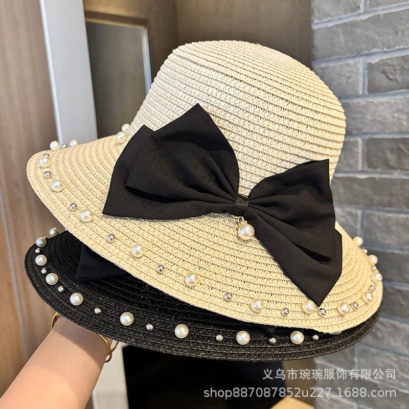 Summer Beach Travel Vacation Pearl Bow Straw Hat Women's Fashion Sunscreen Sun Hat Versatile Shade Beach Hat