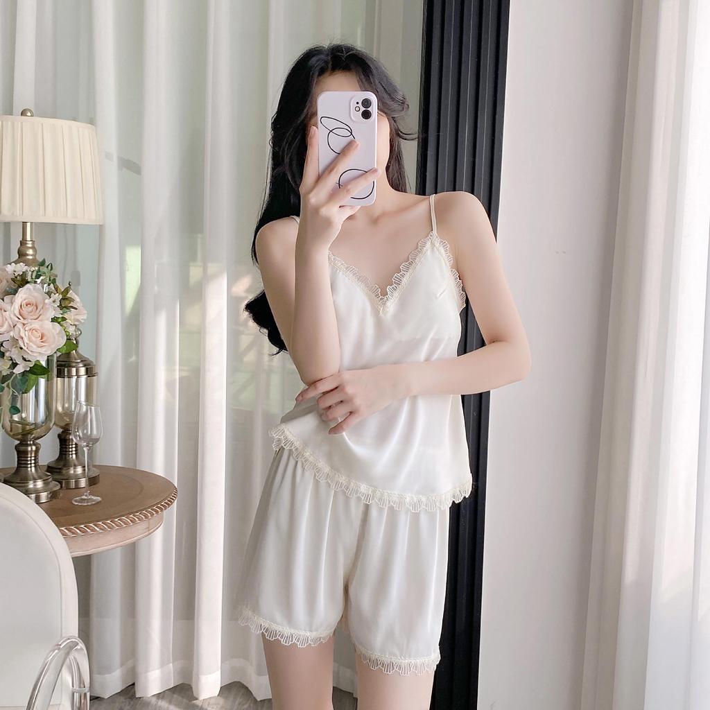 Women's Summer Ice Silk Lace Trim Pajama Set with Chest Pads