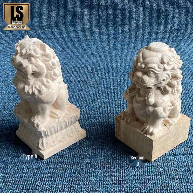 Wood Carving Solid Wood Lion and Qilin Handrail Decoration - Chinese Style Antique Animal Design