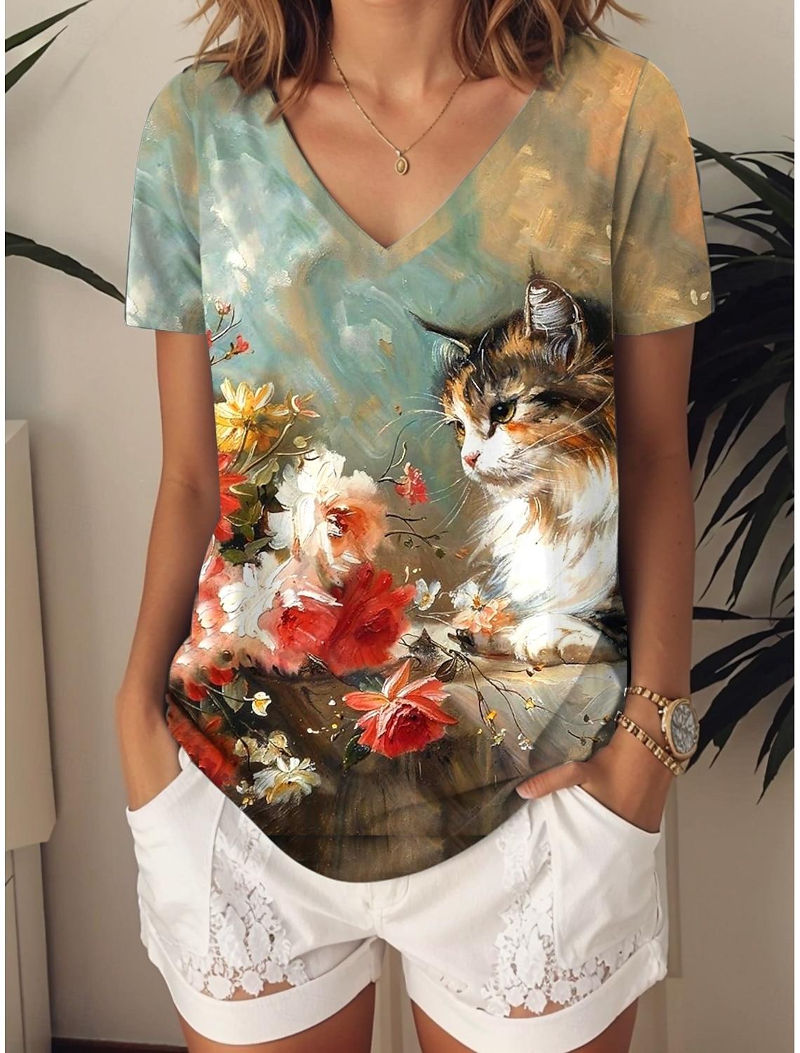 Women s T-Shirt Kawaii Cat Graphic Fashion Short Sleeved V-Neck Regular Tops Daily Print Tee Summer Spring casual Tops XL