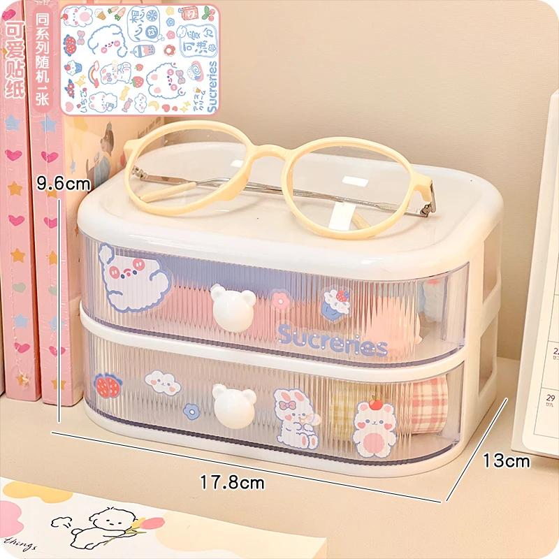 Desktop Storage Box Student Stationery Desk Multi-layer Organizer Clear Drawer with Cute Stickers Accessories Organizer Rack