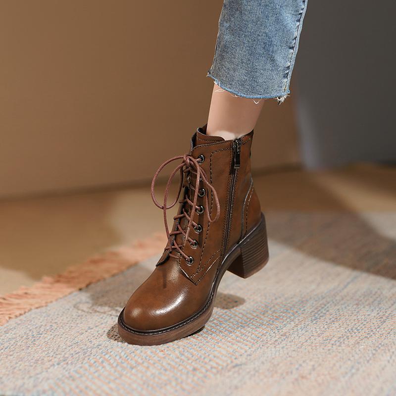 Fall Shoes Women Boots Square Toe Chunky Heel Women Shoes Retro Genuine Leather Modern Boots Short Boots Winter Boots Heels