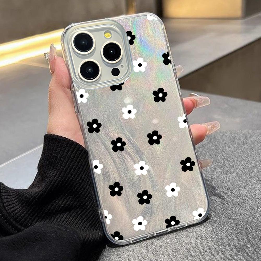 Summer new black and white flower iPhone16 mobile phone case Apple 15/14Pro niche anti-drop PC hard case advanced