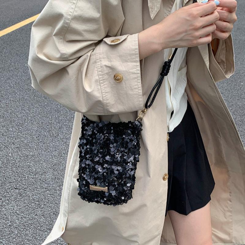 Fashionable Sequin-Textured Women'S Handbags Mini Phone Crossbody Bag Minimalist Adjustable Strap Shiny Small Shoulder Bag