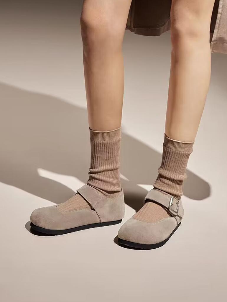 Mode 2024 Neue Weibliche Sandale Retro Frau Schuhe Runde Kappe Flach Mund Mädchen Original Geschlossen Kork Flache Slipper Schnalle Grundlegende