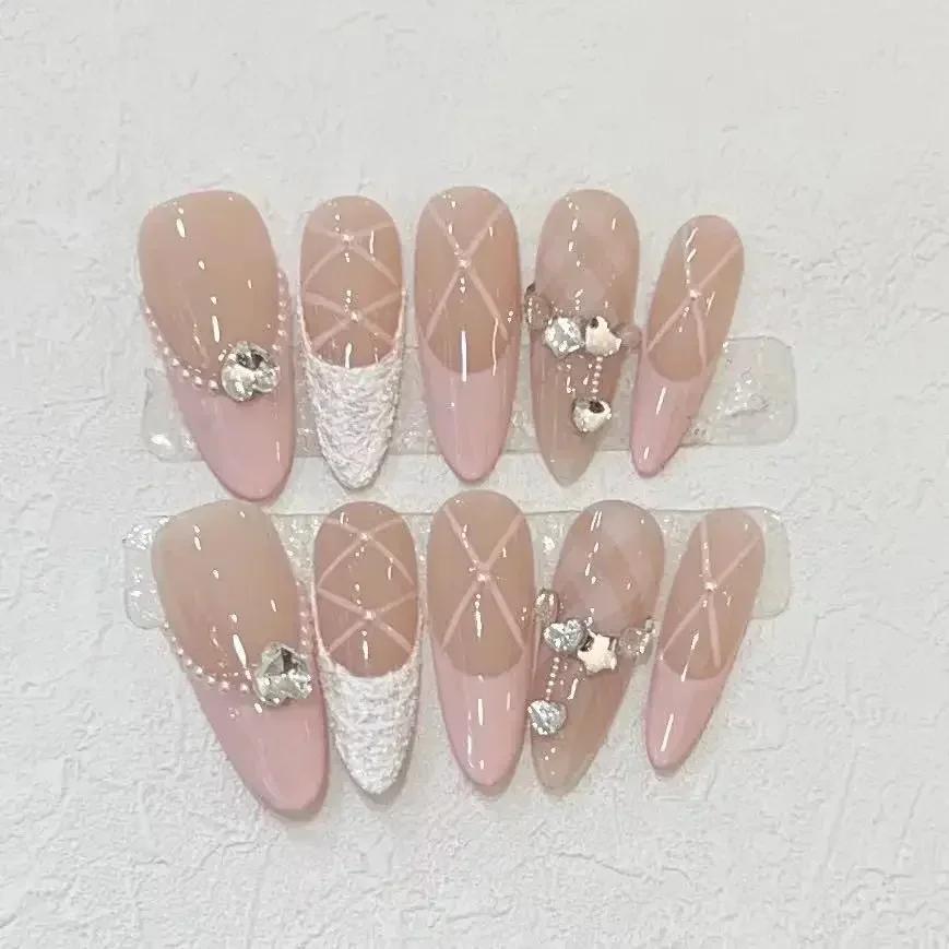 10 Pcs Long Almond Handmade Press On Nails With Rhinestones Reusable Stick On False Nails