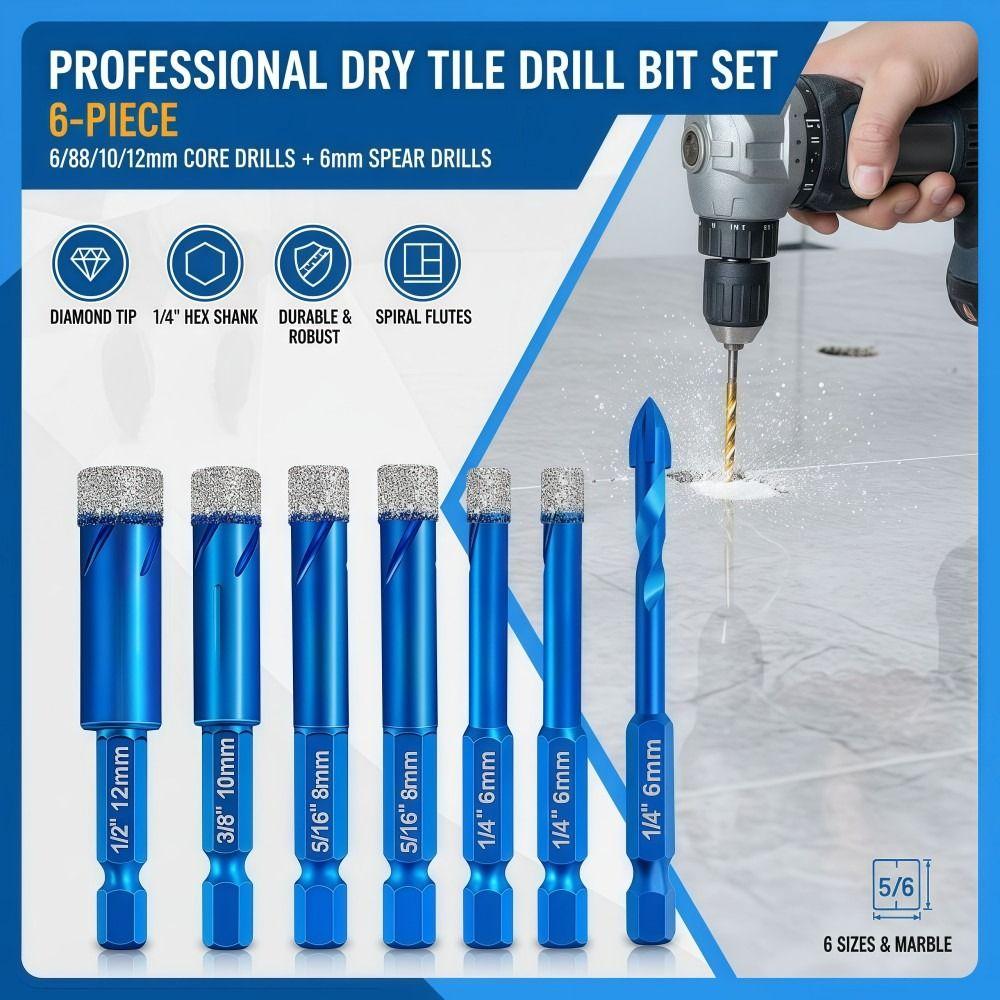 Dia 6/8/10/12MM Dry Tile Drilling Bit 1/4 Inch Granite Drilling Bit Glass, Ceramics, Marble, Etc